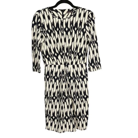 J McLaughlin Small Cream Black Ikat Sheath Dress Catalina Cloth 3/4 Sleeve Crew - Picture 1 of 11